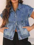Button Up Cap Sleeve Denim Jacket - Hovatok