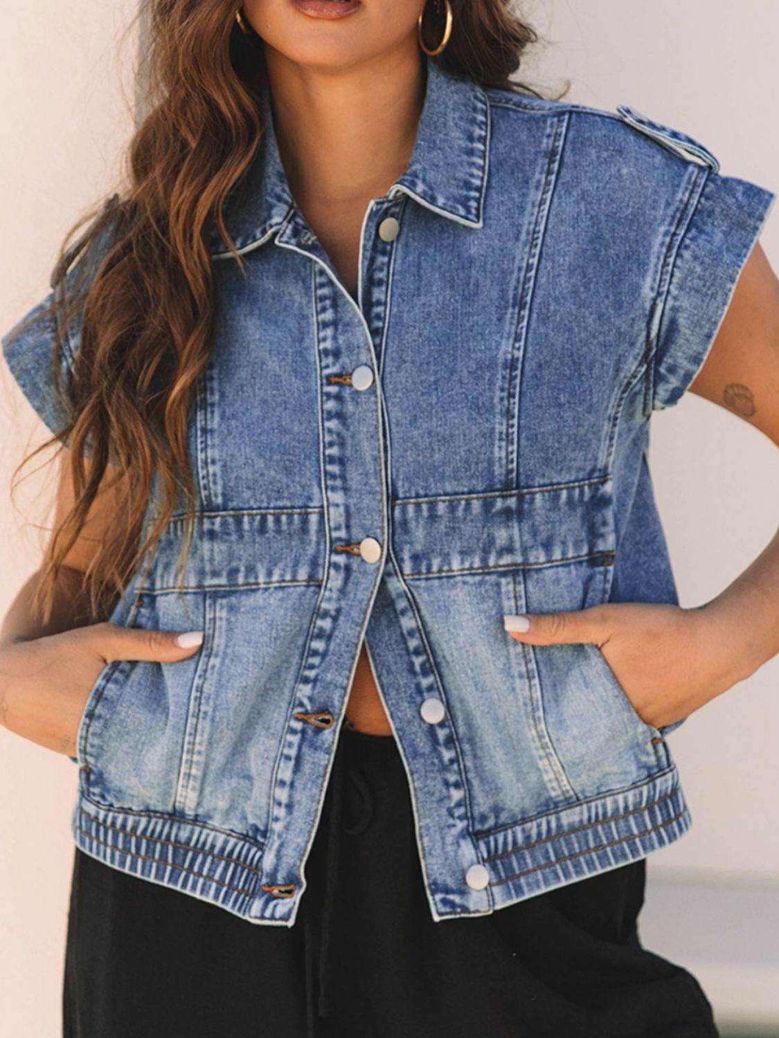 Button Up Cap Sleeve Denim Jacket - Hovatok
