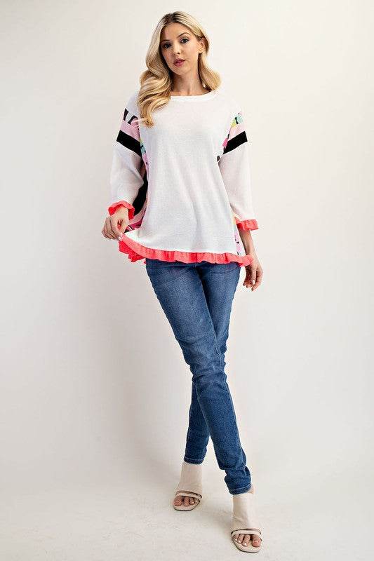 Celeste Full Size Ruffle Sleeve Color Block Top Plus Size - Hovatok