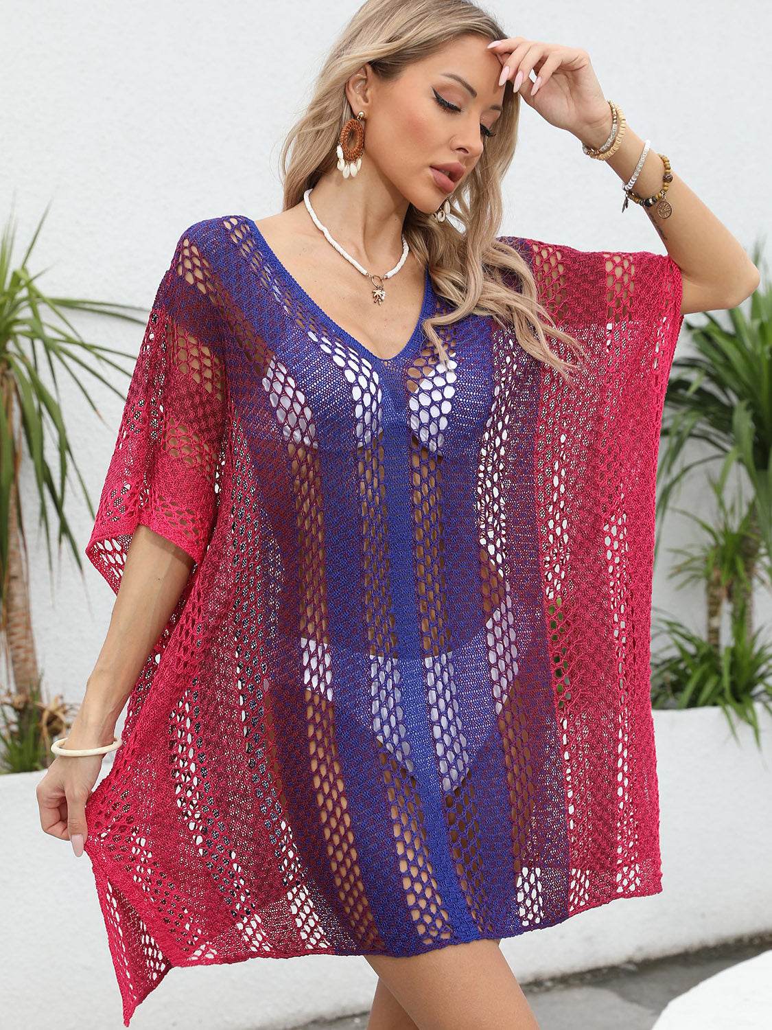 Openwork Contrast V-Neck Cover-Up - Hovatok