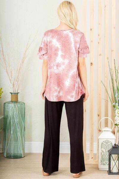 Heimish Full Size Ruffled Sleeve Tie Dye Top Plus Size - Hovatok