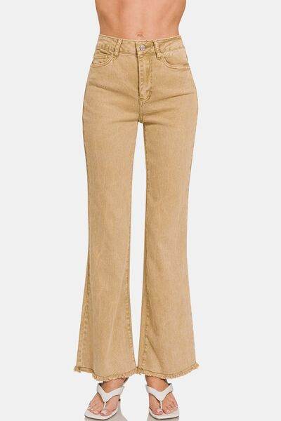 Zenana Acid Washed Frayed Hem Bootcut Jeans - Hovatok