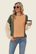 Double Take Texture Contrast Round Neck Long Sleeve T-Shirt - Hovatok