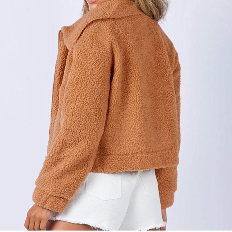 Long Sleeve Collared Neck Sherpa Jacket - Hovatok