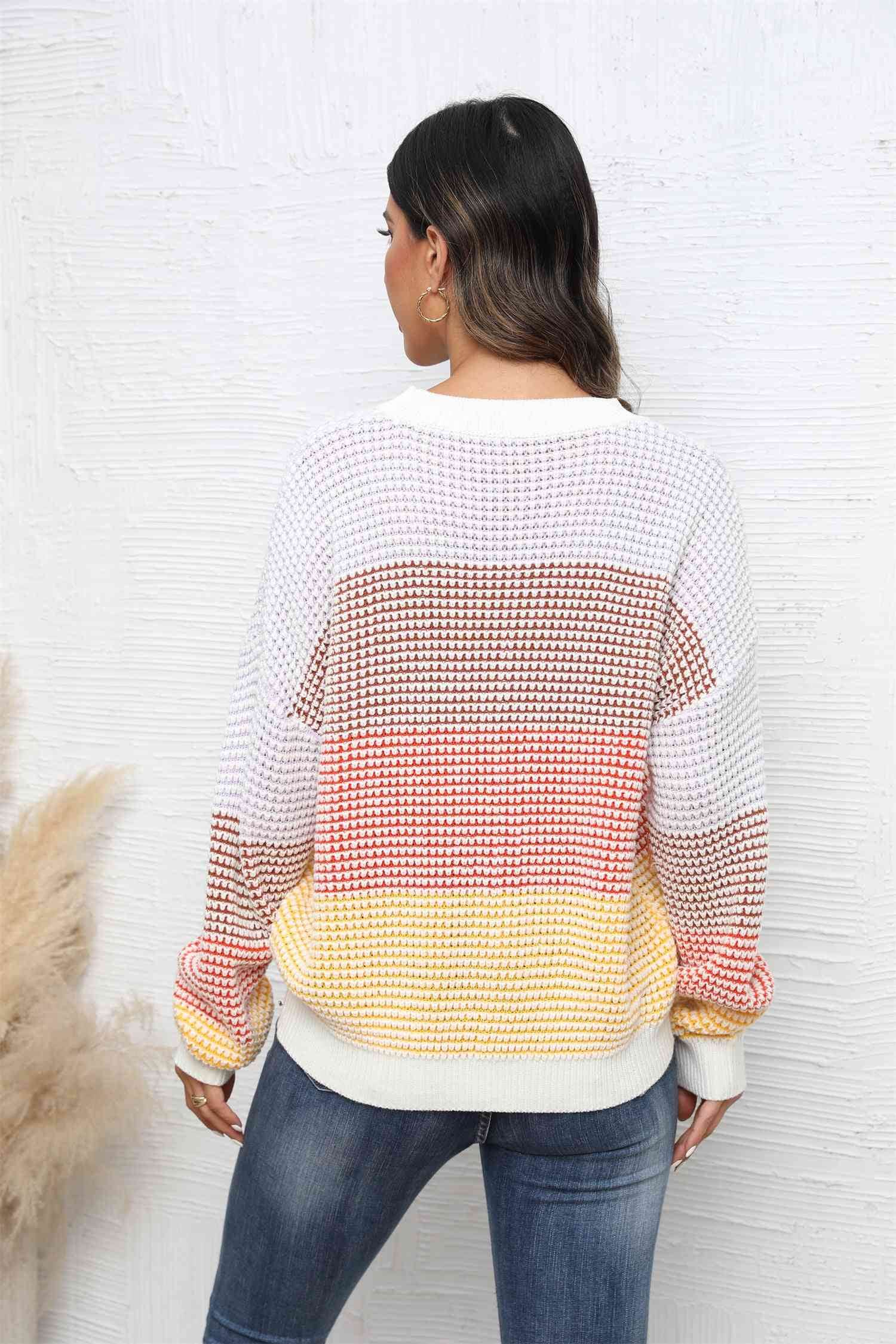 Angel Wings Waffle-Knit Round Neck Dropped Shoulder Color Block Sweater - Hovatok