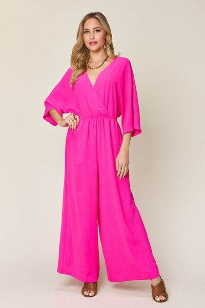 Double Take Full Size Surplice Wide Leg Jumpsuit with Pockets - Hovatok