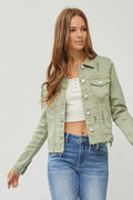 RISEN Full Size Raw Hem Button Up Cropped Denim Jacket Plus Size - Hovatok