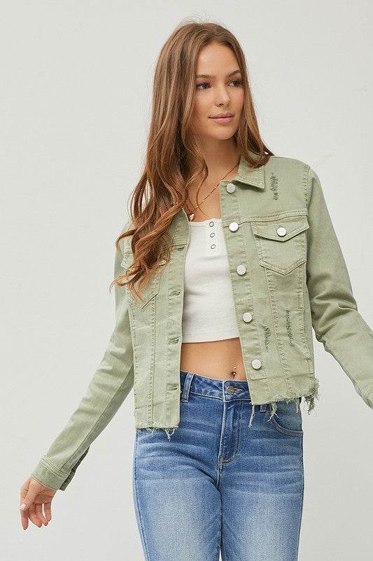 RISEN Full Size Raw Hem Button Up Cropped Denim Jacket Plus Size - Hovatok