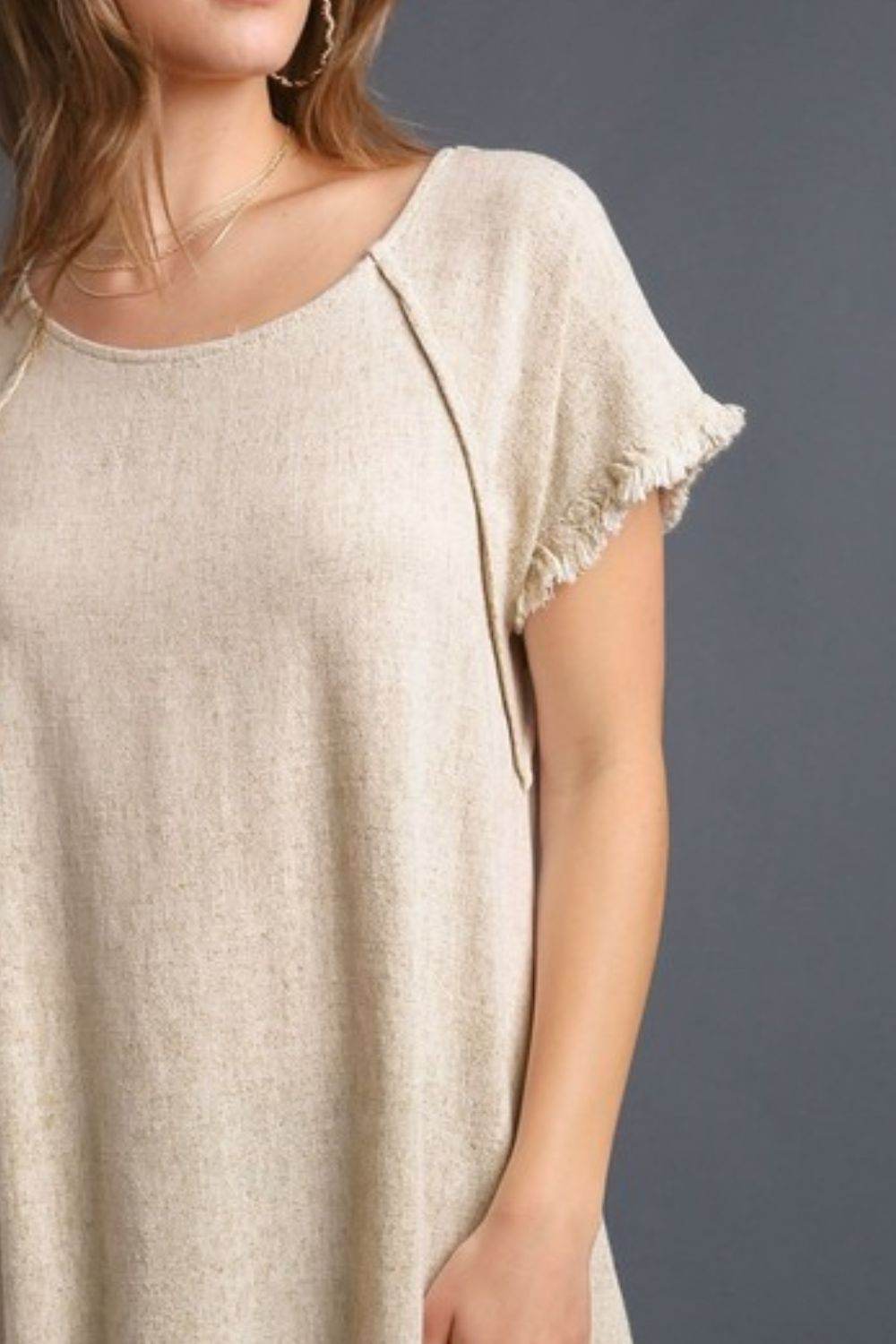 Umgee Full Size Seam Detail Linen Ruffle Fringe Edge Top Plus Size - Hovatok