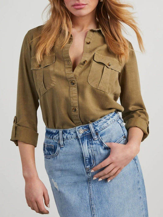 Collared Neck Button Down Denim Top - Hovatok
