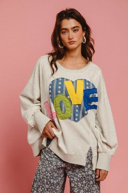 BiBi LOVE Heart Patch Slit French Terry Sweatshirt - Hovatok
