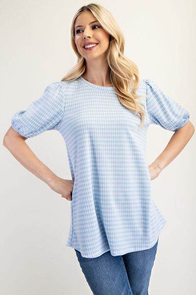 Celeste Full Size Gingham Print Top With Puff Sleeves Plus Size - Hovatok