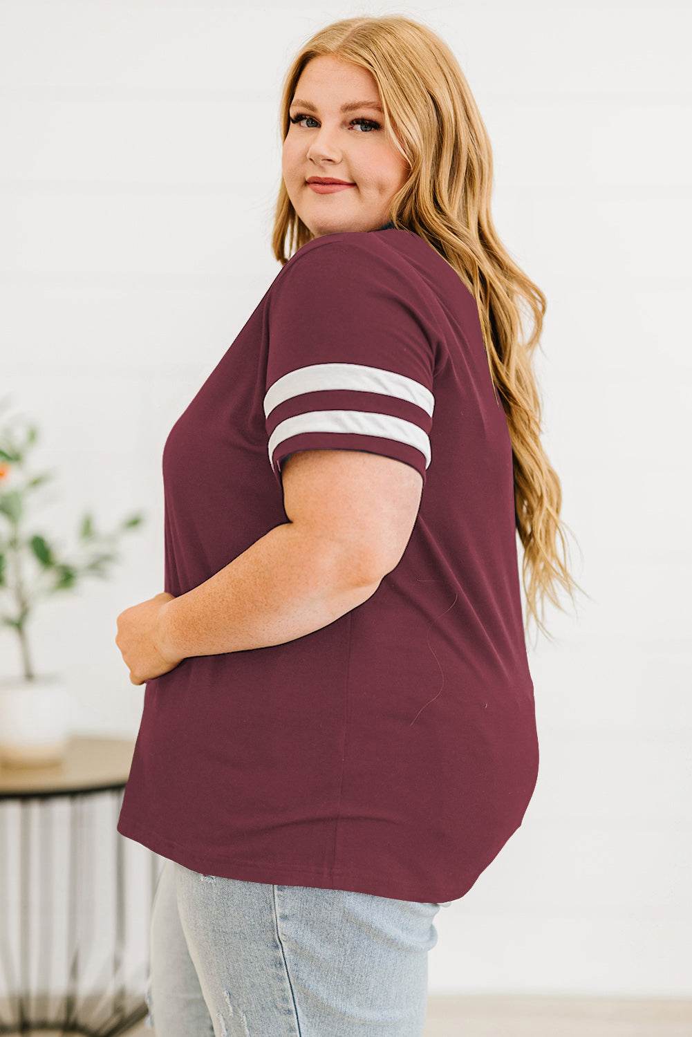 Plus Size Striped V-Neck Tee Shirt - Hovatok