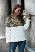 Leopard Color Block Half-Zip Collar Teddy Sweatshirt - Hovatok