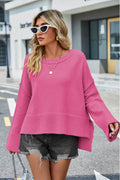 High-Low Slit Round Neck Long Sleeve Sweater - Hovatok