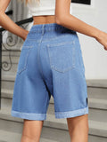 Heart-Pattern Rolled Hem Denim Shorts - Hovatok