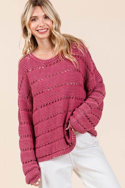 Mittoshop Openwork Round Neck Drop Shoulder Sweater - Hovatok