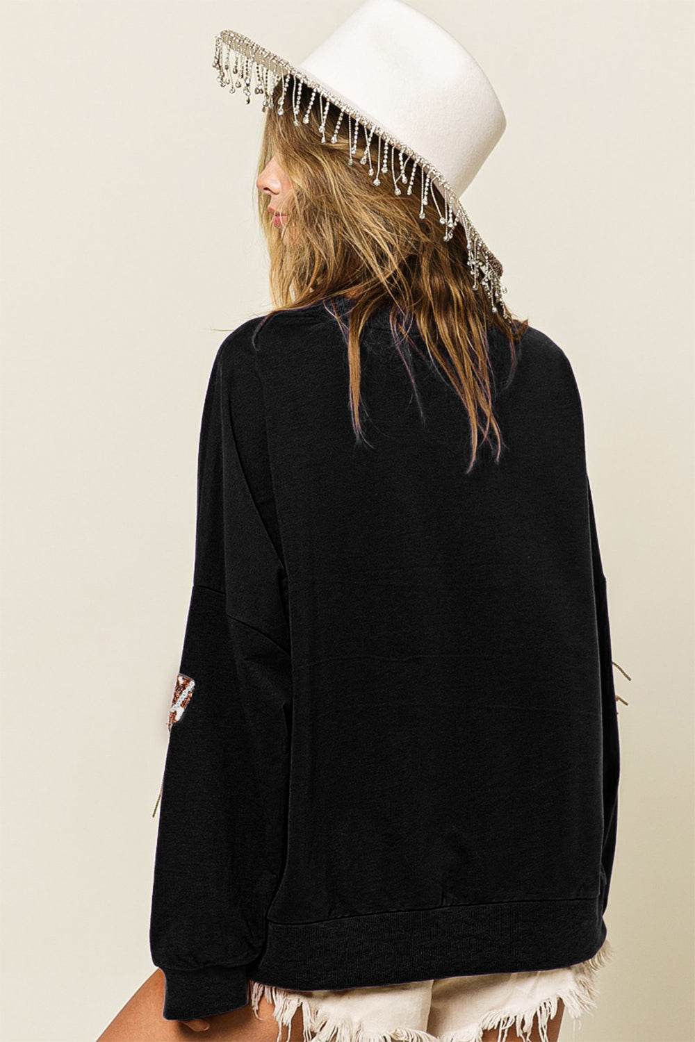 BiBi Sequin Fringe Football Patch Round Neck Sweatshirt - Hovatok