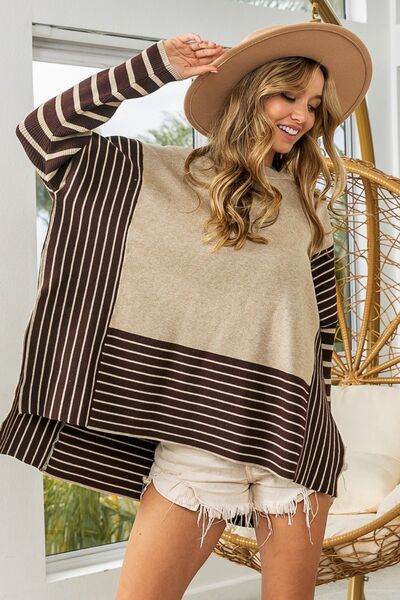 BiBi Striped Contrast Long Sleeve Slit Top - Hovatok