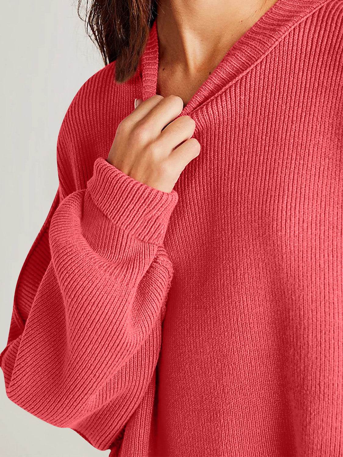 Double Take Side Slit Round Neck Long Sleeve Sweater - Hovatok