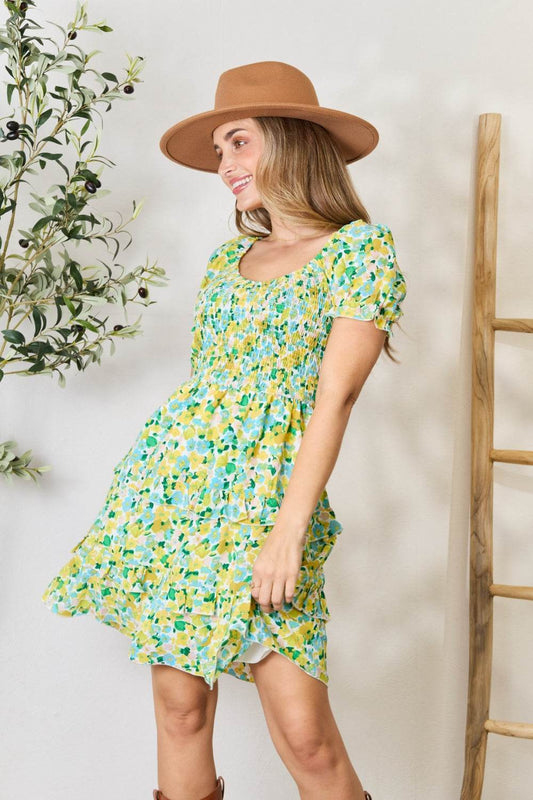 Devine Smocked Scoop Neck Flounce Sleeve Mini Dress - Hovatok