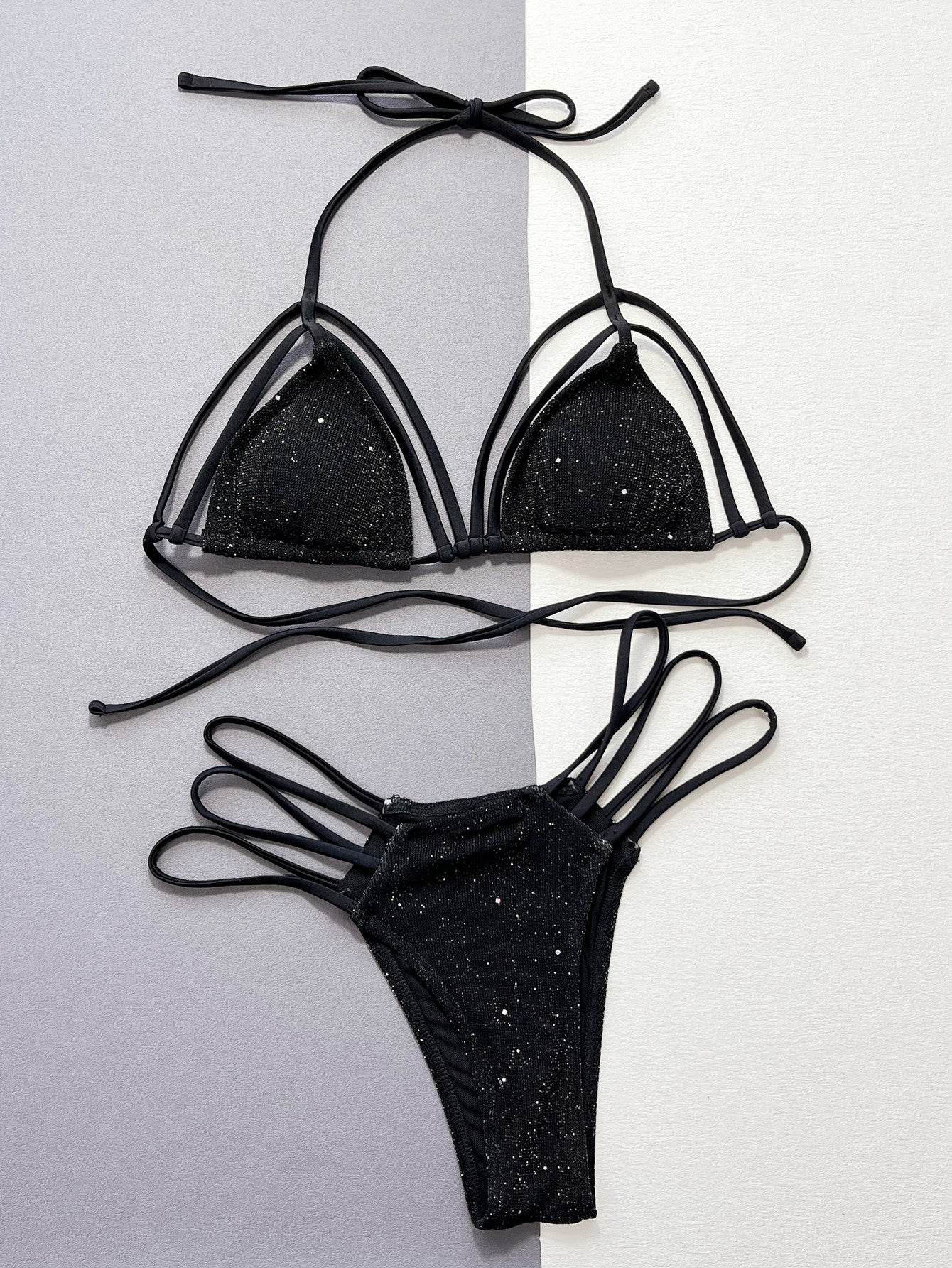 Glitter Halter Neck Strappy Two-Piece Bikini Set - Hovatok