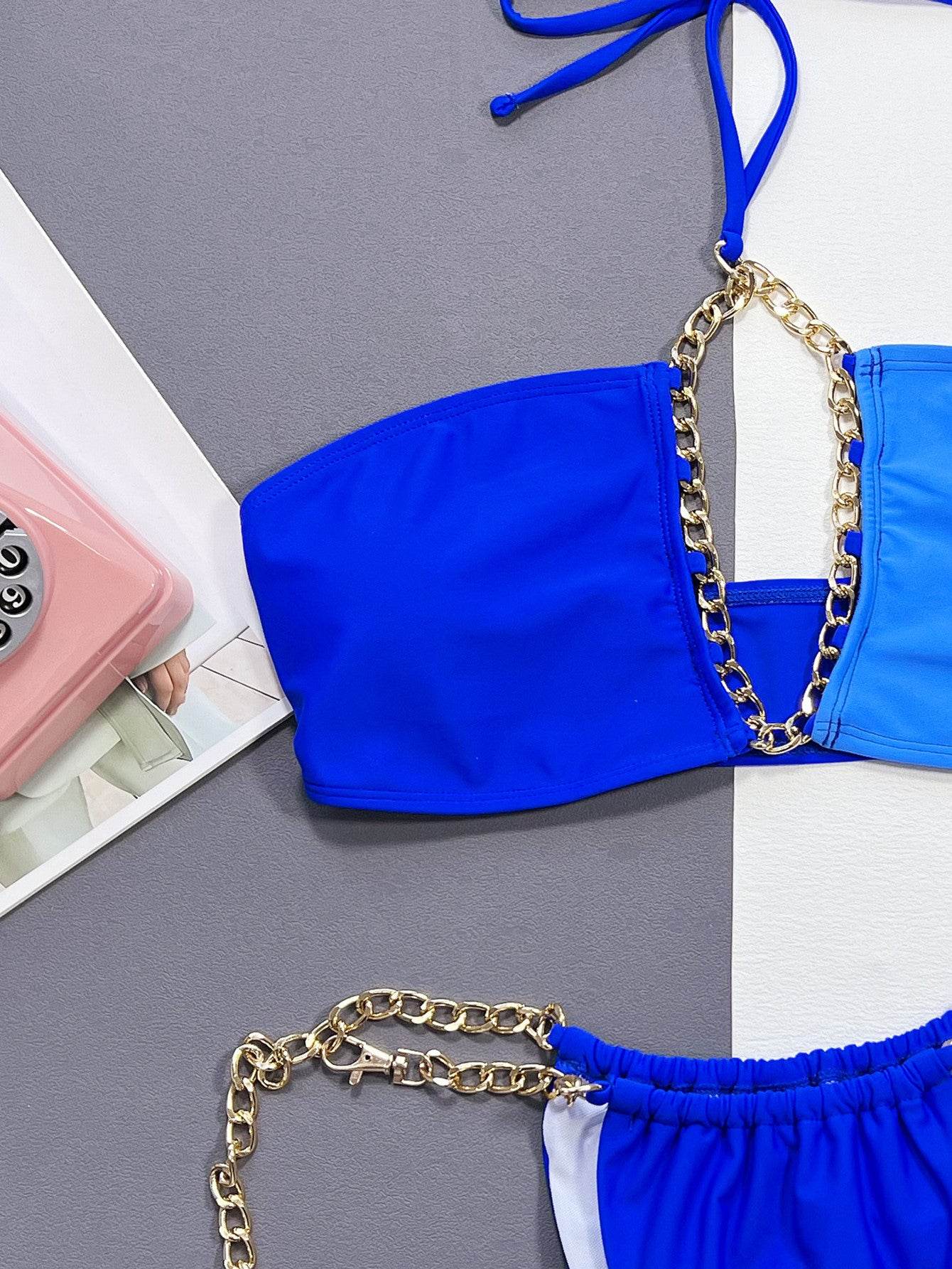 Chain Detail Halter Neck Bikini Set - Hovatok