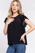 ACTIVE BASIC Ruffle Short Sleeve Crochet Blouse - Hovatok