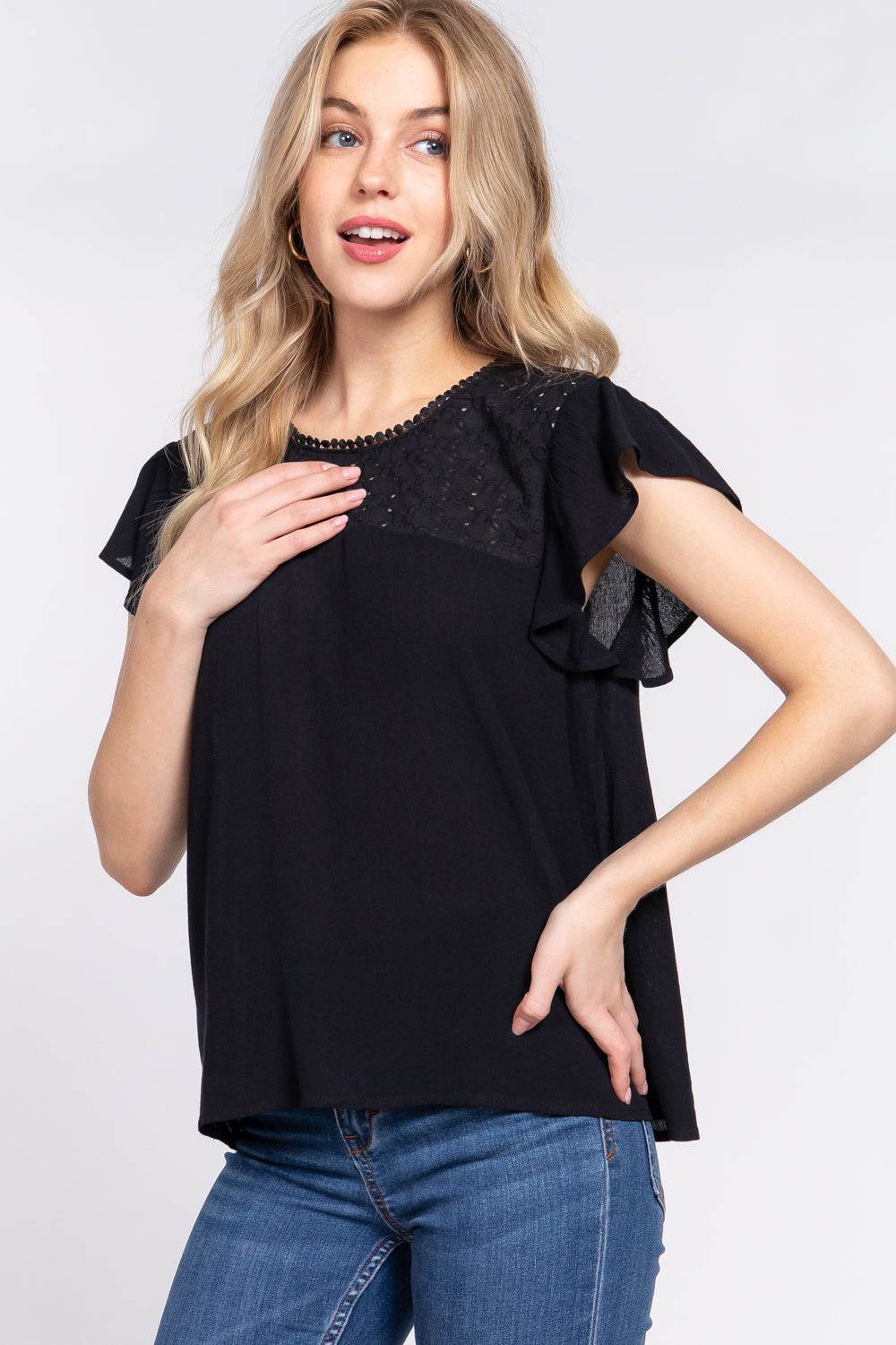 ACTIVE BASIC Ruffle Short Sleeve Crochet Blouse - Hovatok