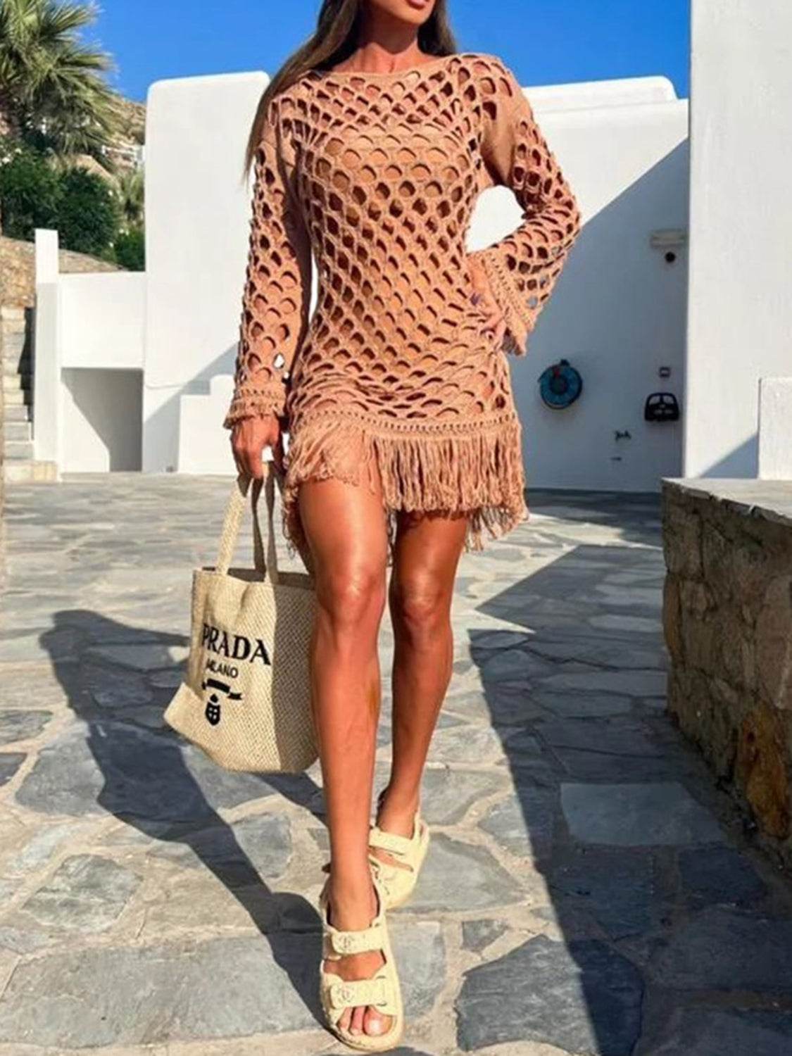 Fringe Cutout Long Sleeve Cover Up - Hovatok