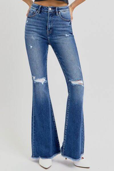 RISEN Full Size High Rise Distressed Raw Hem Flare Jeans - Hovatok