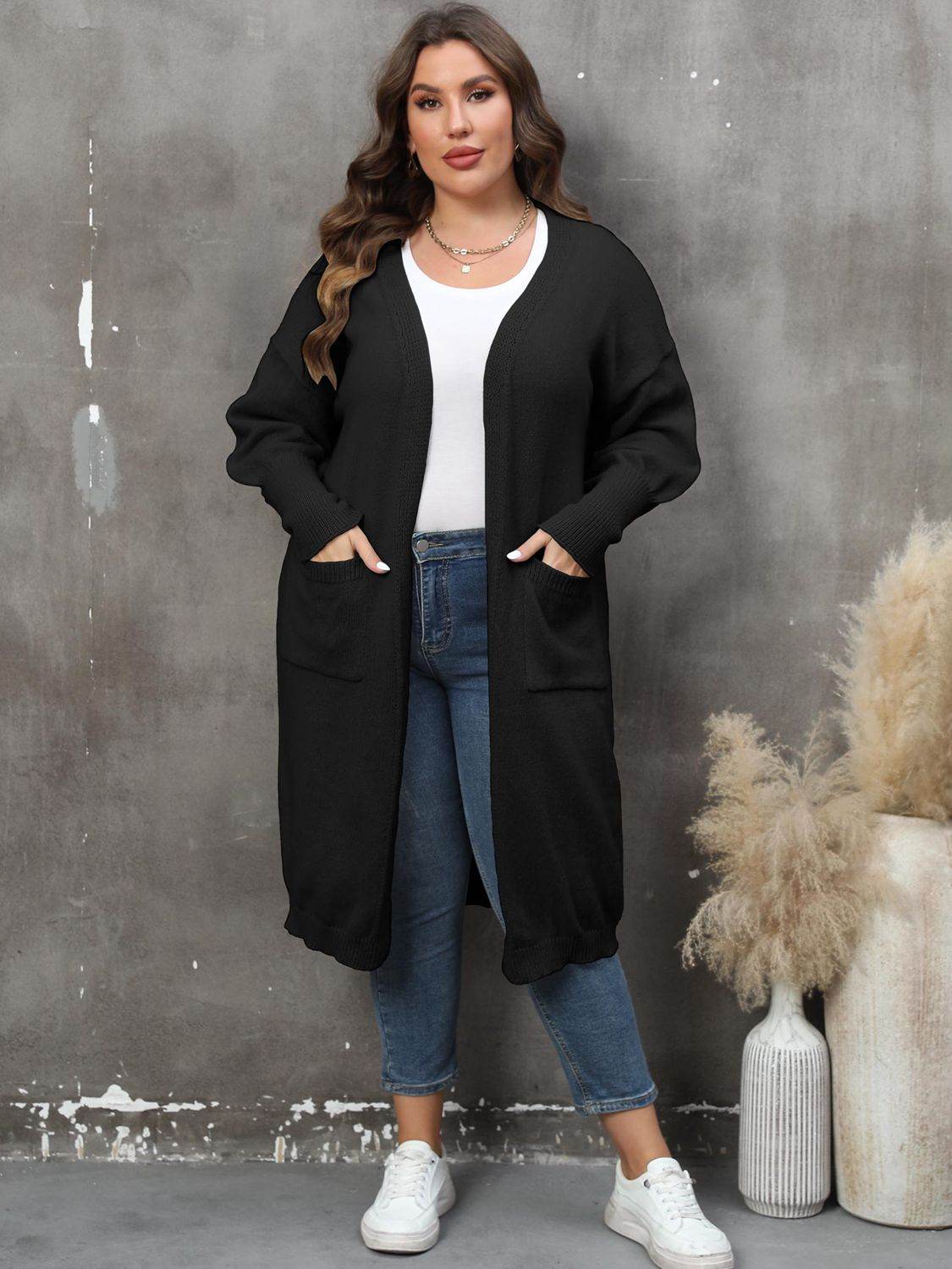 Plus Size Long Sleeve Pocketed Cardigan - Hovatok