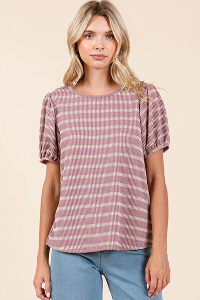 Mittoshop Contrast Striped Short Puff Sleeve Knit Top - Hovatok