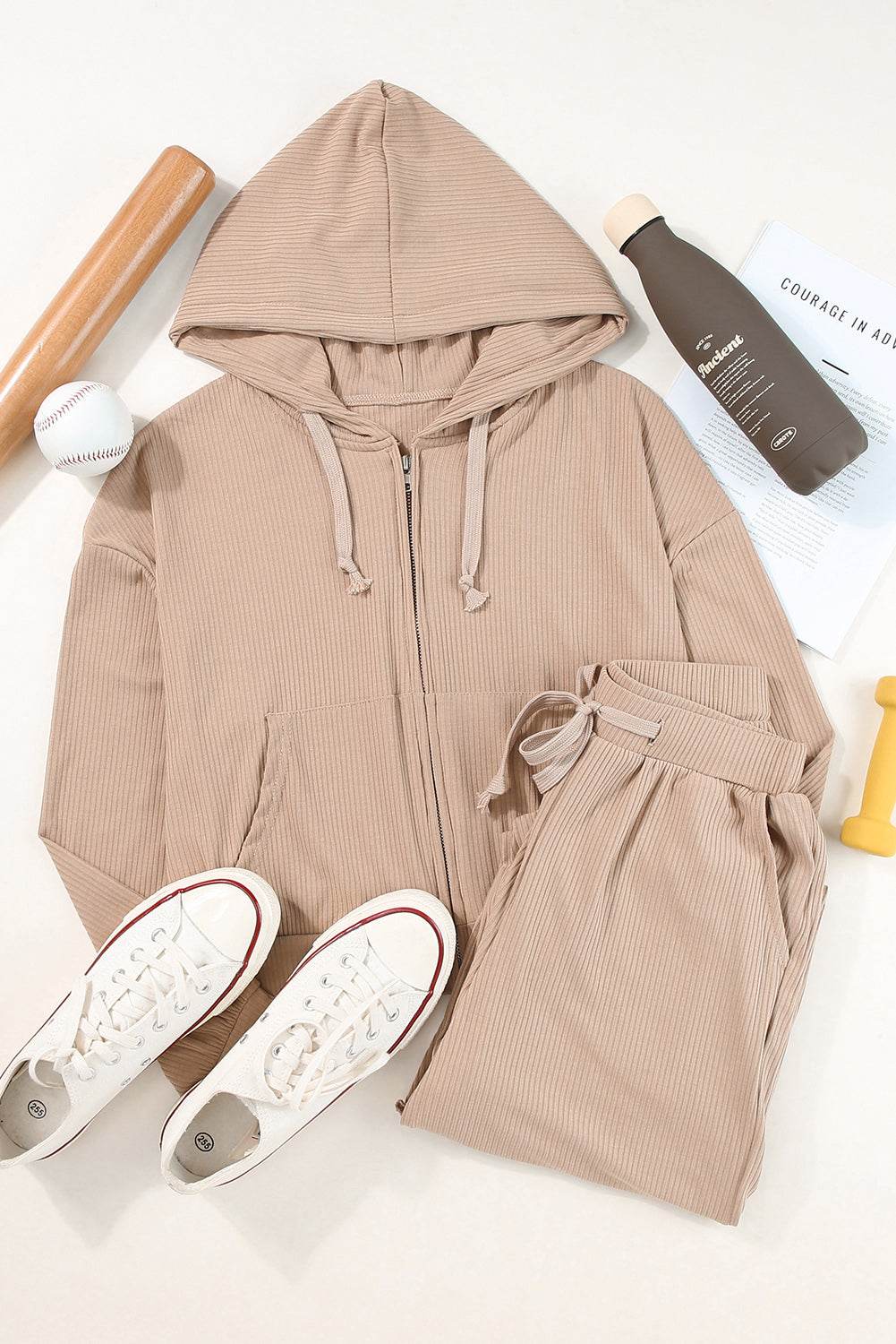 Drawstring Zip Up Hoodie and Pants Active Set - Hovatok