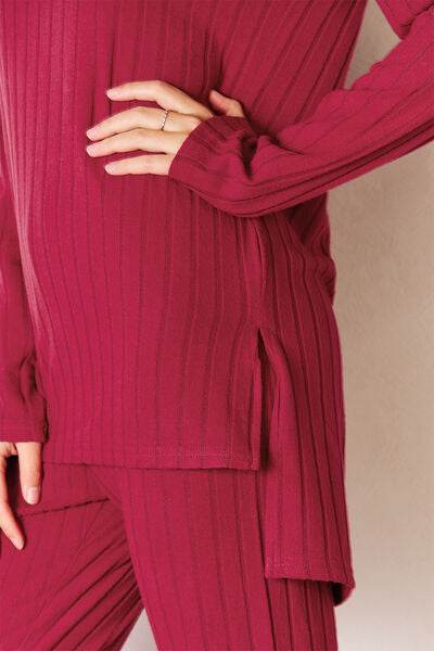 Basic Bae Full Size Ribbed Round Neck High-Low Slit Top and Pants Set - Hovatok