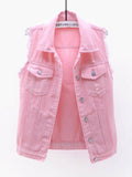 Full Size Button Down Raw Hem Sleeveless Denim Jacket Plus Size - Hovatok