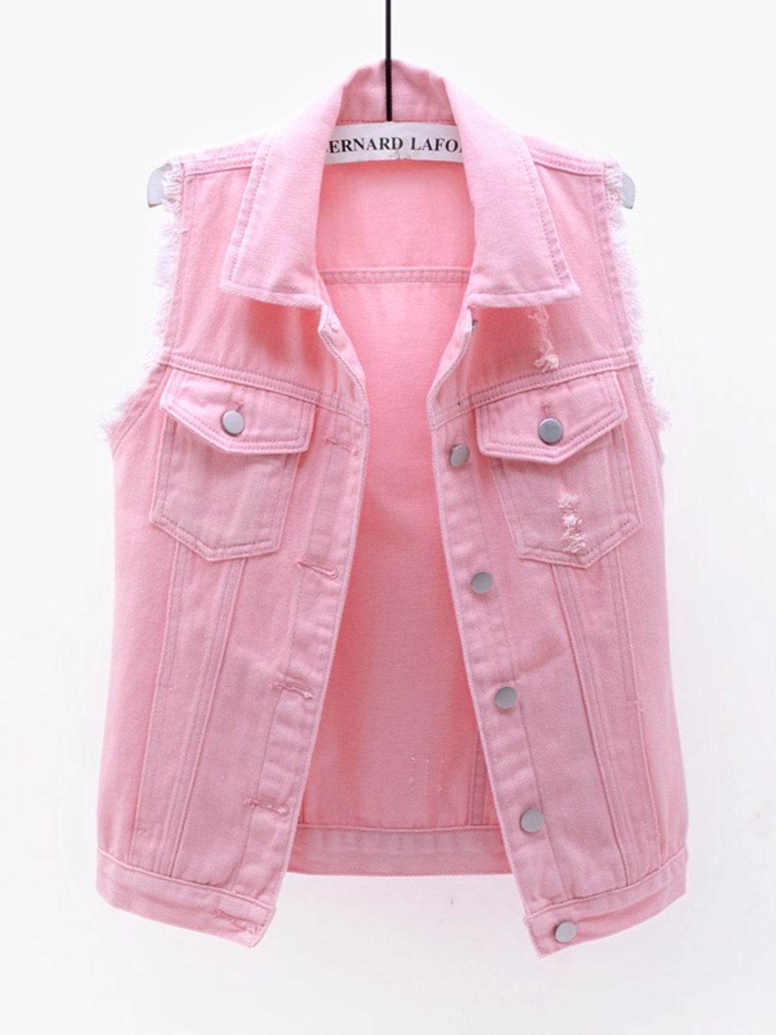 Full Size Button Down Raw Hem Sleeveless Denim Jacket Plus Size - Hovatok
