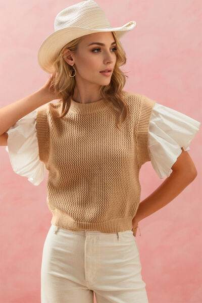 Oh Full Size Ruffled Round Neck Short Sleeve Sweater - Hovatok