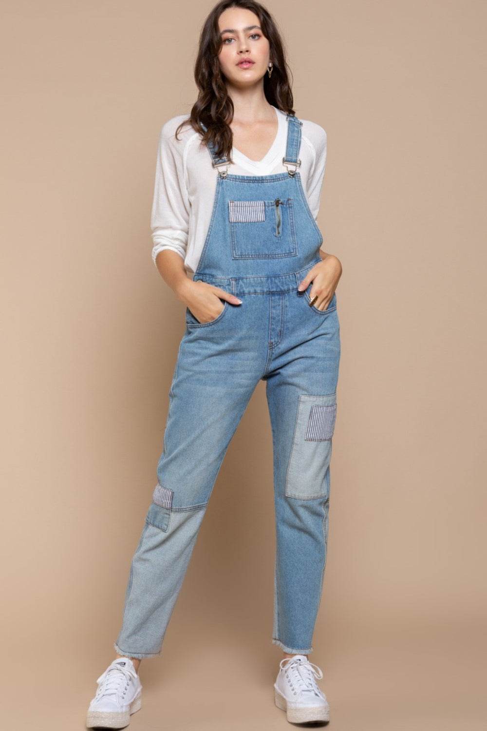 POL Front Chest Zipper Slim Leg Denim Overalls - Hovatok