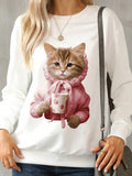 Cat Round Neck Long Sleeve Sweatshirt - Hovatok