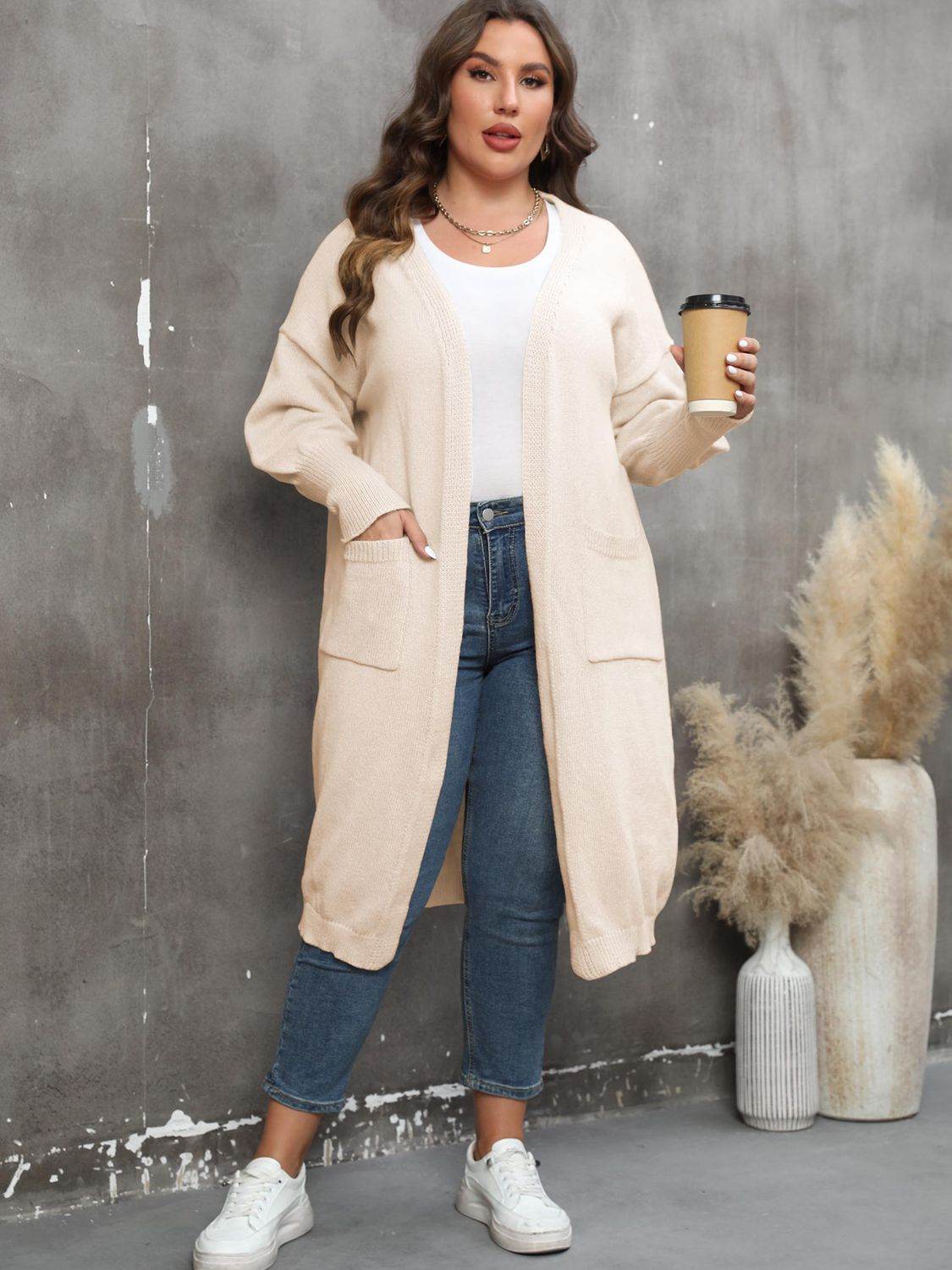 Plus Size Long Sleeve Pocketed Cardigan - Hovatok