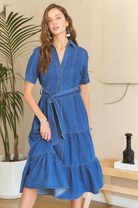 ADORA Tiered Button Down Tie Waist Short Sleeve Denim Dress - Hovatok