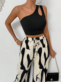 Cutout One Shoulder Top and Printed Pants Set - Hovatok