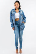 American Bazi Full Size Button Up Distressed Denim Jacket - Hovatok