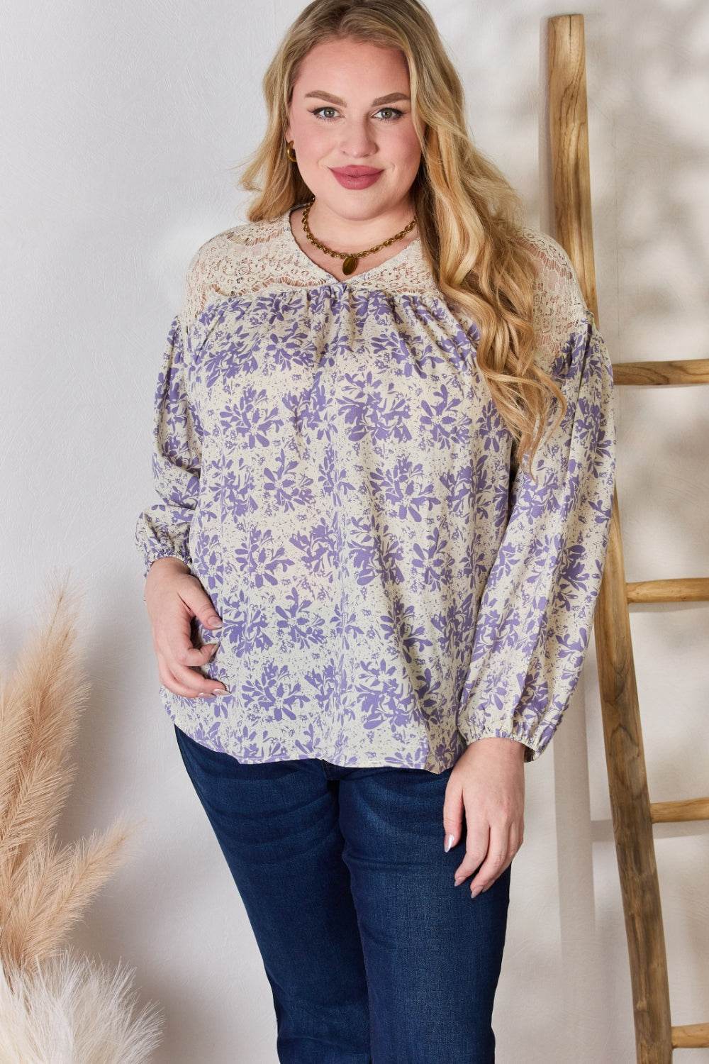 Hailey & Co Full Size Lace Detail Printed Blouse - Hovatok