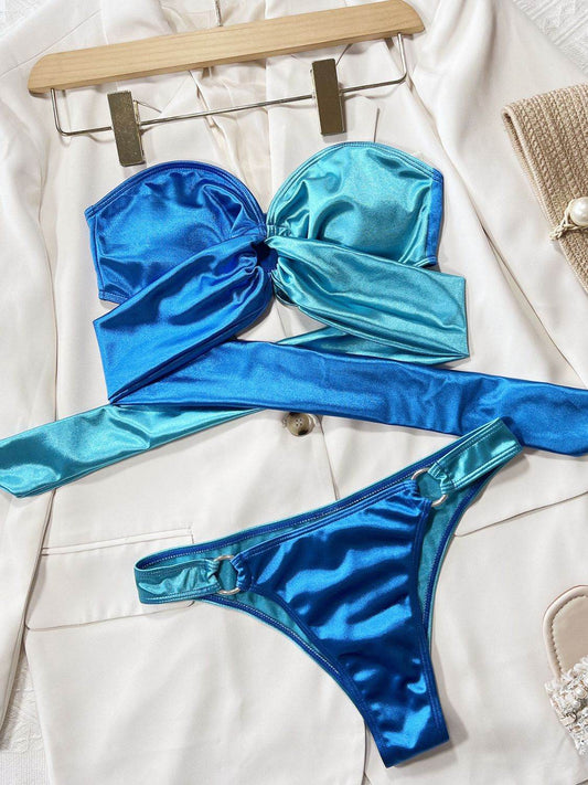Two-Tone Ring Detail Tied Bikini Set - Hovatok