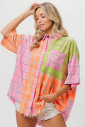 BiBi Plaid Collared Neck Half Sleeve Shirt - Hovatok