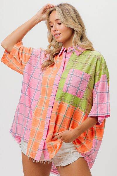 BiBi Plaid Collared Neck Half Sleeve Shirt - Hovatok