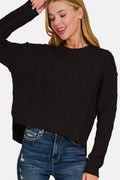 Zenana Cropped High Low Cable Sweater with Side Slits - Hovatok