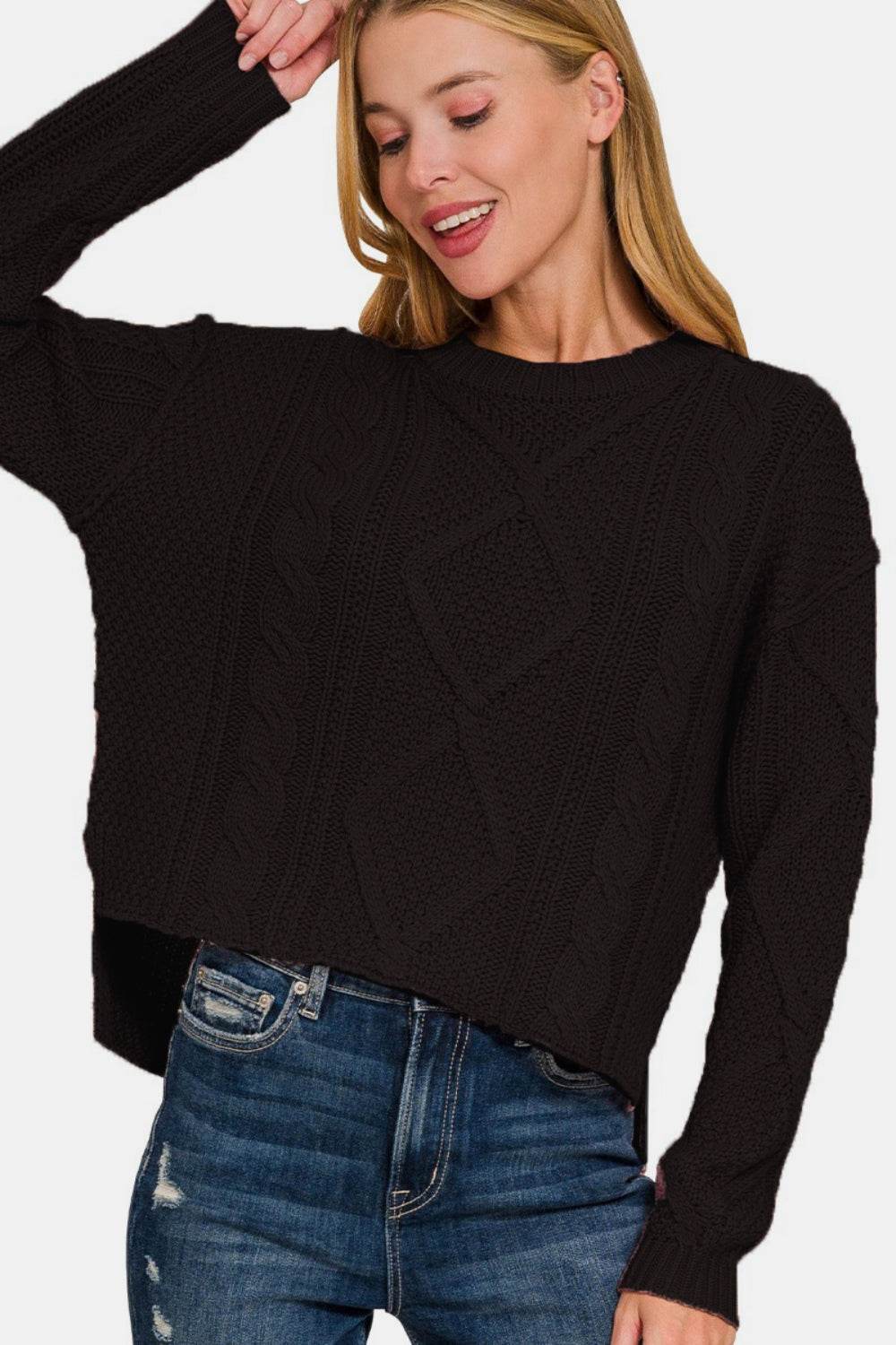 Zenana Cropped High Low Cable Sweater with Side Slits - Hovatok
